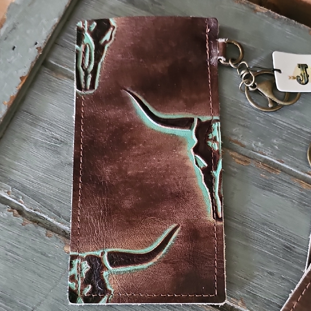 Brown Turquoise Leather Sunglass Case Case Longhorn Western Steer